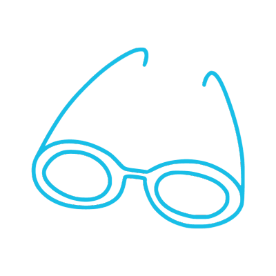 bright blue outline of round eyeglasses with bent arms on a transparent background