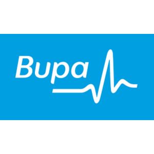 bupa logo: 'Bupa' in white with a heartbeat line, on a blue background