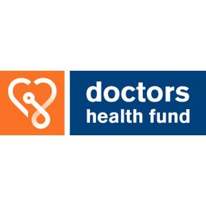 orange square with a white heart-shaped stethoscope and blue rectangle with 'doctors health fund' text.