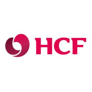 HCF logo with bold red 'HCF' and a red abstract design on a white background.