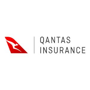 logo with a red kangaroo on a tail fin, vertical line, and 'Qantas Insurance' in uppercase letters on a white background.