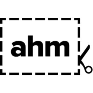 text 'ahm' centered in a dashed rectangle with a scissor icon in the bottom right corner.