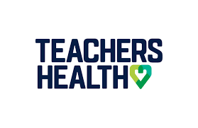 teachers health logo: dark blue text with a green and teal heart icon, set against a white background.
